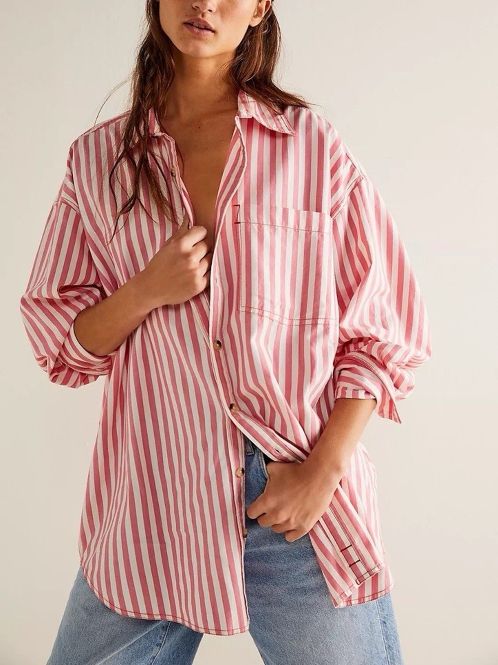 Free People Freddie Button Down Shirt in Coral Combo